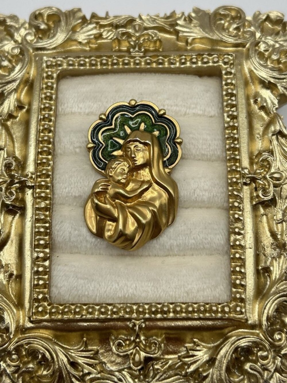 Vintage Avon Pin Madonna & Child Lapel Christian Jewelry 1990s Gold Tone Green